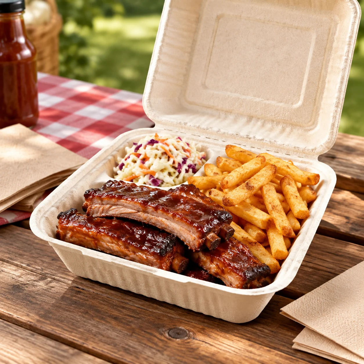 Hinged Bagasse Takeout Clamshell (9-inch) — Takeout serving example