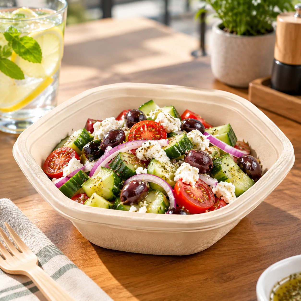 Hexagonal Bagasse Salad Bowl (1,000 mL) — Salad serving example