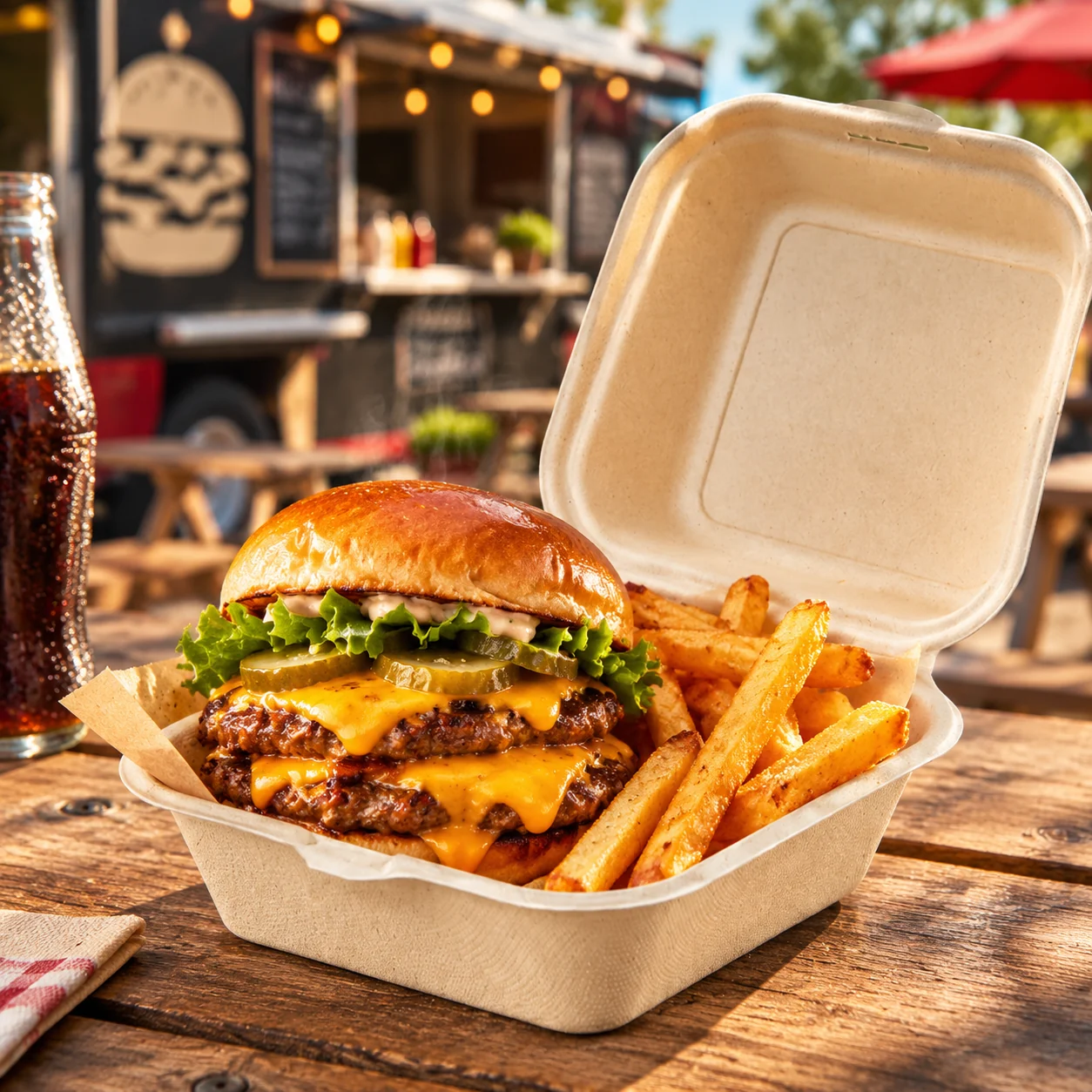 Reinforced Bagasse Burger Clamshell Box (6-inch) — Loaded serving example